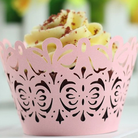 Envoltorios para Cupcakes Calados por Láser de Papel Perlado con Patrón de Enredadera y Mariposa para Decoración de Pasteles de Boda