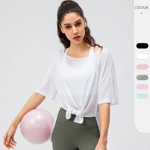 T-Shirt de Yoga Ample pour Femmes Respirant Séchage Rapide Haut d'Entraînement Manches Courtes Avec Fente Latérale et Nœud