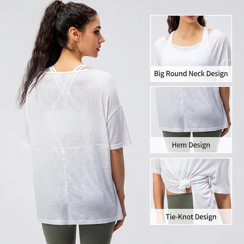 T-Shirt de Yoga Ample pour Femmes Respirant Séchage Rapide Haut d'Entraînement Manches Courtes Avec Fente Latérale et Nœud