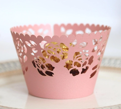 Laser Cut Rose Floral Cupcake Wrappers Pearl Paper Lace Cake Border For Wedding Valentine Day Birthday Party Decoration
