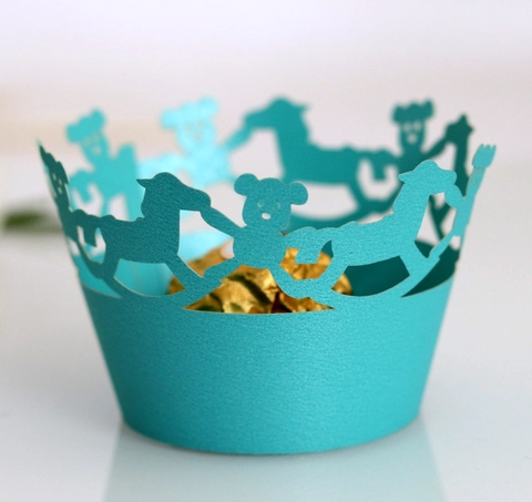 Laser Cut Paper Cupcake Wrapper Decorative Hollow Bear Rocking Horse Pattern Cake Border For Birthday Party Baby Shower