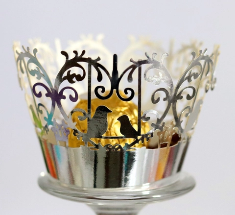 Laser Cut Bird Vine Hollow Cupcake Wrappers Pearl Paper Crown Cake Decorative Liners For Wedding Birthday Party Favors