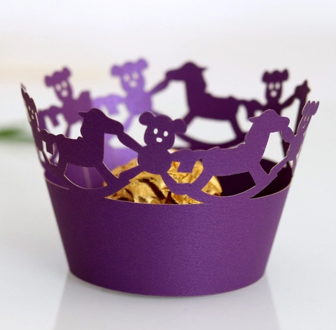 Laser Cut Paper Cupcake Wrapper Decorative Hollow Bear Rocking Horse Pattern Cake Border For Birthday Party Baby Shower