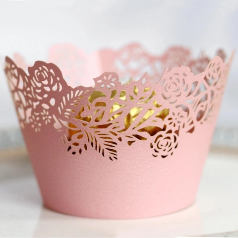 Elegant Laser Cut Cupcake Wrappers Rose Floral Hollow Pearlescent Cardboard Cake Borders For Wedding Birthday Party Decoration