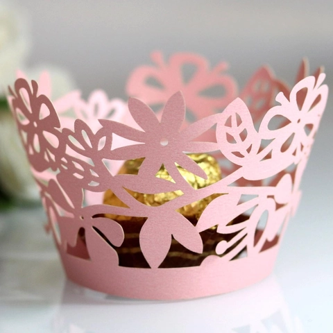 Laser Cut Flower Cupcake Wrappers Hollow Out Pearlescent Paper Cake Decoration For Wedding Birthday Party Table Ornament