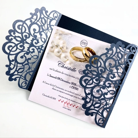 Elegantes Invitaciones de Boda Corte Láser Azul Marino Blanco Papel Perlado Tarjetas de Invitación Con Lazo Sobre Celebración