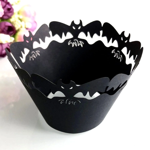 Laser Cut Bat Halloween Cupcake Wrappers Pearl Cardstock Hollow Out Cake Decoration Wraps For Party Dessert Table Accessories