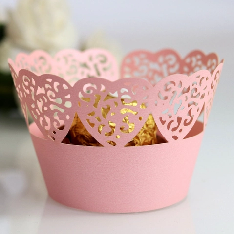 Laser Cut Heart Shape Cupcake Wrappers Pearlescent Paper Hollow Cake Liners For Wedding Birthday Party Table Decorations