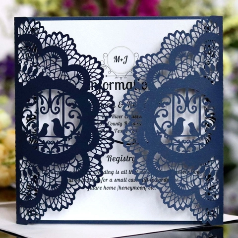 Laser Geschnitten Hohle Hochzeit Einladungen Set Liebesvögel Design Perlmuttpapier Grußkarten Für Jahrestag Verlobung