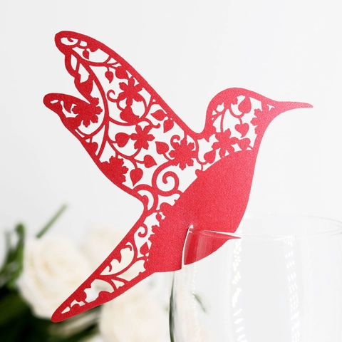 Laser Cut Hummingbird Pearlescent Paper Wine Glass Place Card Hollow Floral Design For Wedding Party Banquet Decoration