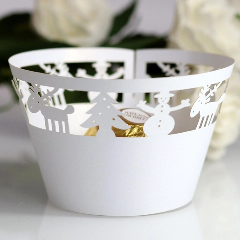 Christmas Laser Cut Cupcake Wrappers Snowman Reindeer Tree Hollow Out Pearlescent Paper Cake Border For Holiday Party Decoration