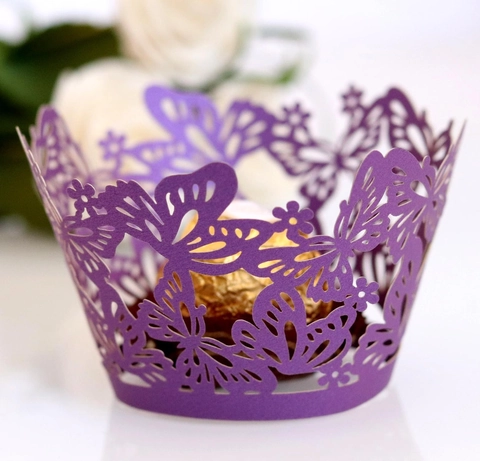 Elegant Laser Cut Butterfly Floral Pearlescent Paper Cupcake Wrappers Hollow Out Cake Surround For Wedding Birthday Party Decorations