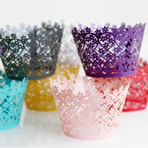 Pearlescent Paper Laser Cut Cupcake Wrapper Hollow Flower Heart Design Wedding Party Cake Decoration Hollowed Out Baking Accessories