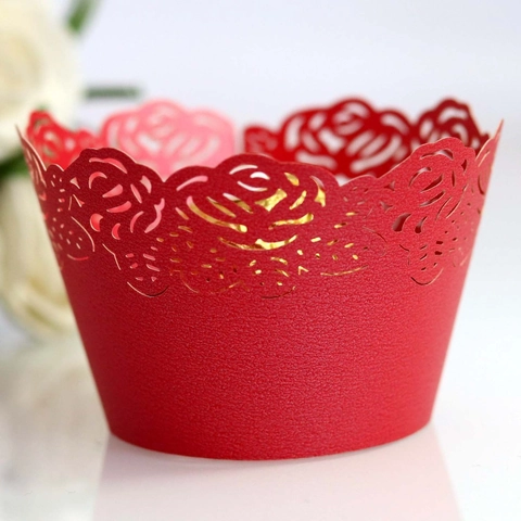 Laser Cut Rose Flower Cupcake Wrappers Hollow Out Pearlescent Paper Decorative Cake Edging For Wedding Birthday Party Celebration