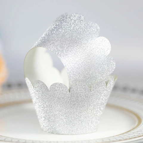 Laser Cut Scalloped Cupcake Wrappers Pearlescent Paperboard Metallic Glitter Cake Liner For Wedding Birthday Party Decoration