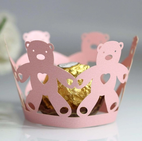 Laser Cut Bear Heart Hollow Out Cupcake Wrapper Pearlescent Paper Cake Decorative Liners For Wedding Party Birthday Decoration