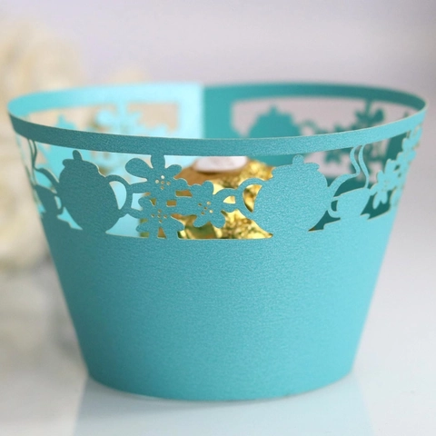 Taglio Laser Teiera Floreale Carta Perlata Involucri per Cupcake Traforati Fodere per Torte per Matrimonio Compleanno Tea Party Panetteria