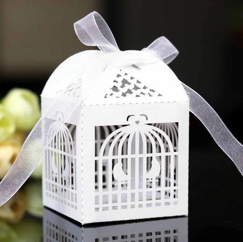 Laser Cut Birdcage Favor Box With Ribbon Bow Hollow Paper Candy Boxes For Wedding Birthday Party Baptism Gift Packaging