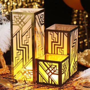 Set Paralumi in Cartone Intagliato Laser Geometrico Art Deco Nero Oro Copertura Candela Elettronica Luce Notturna per Matrimonio Festa