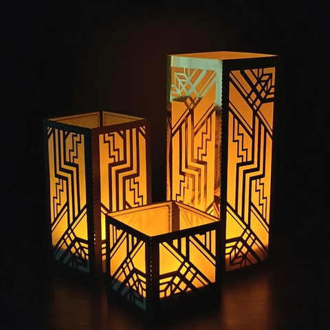 Set Paralumi in Cartone Intagliato Laser Geometrico Art Deco Nero Oro Copertura Candela Elettronica Luce Notturna per Matrimonio Festa