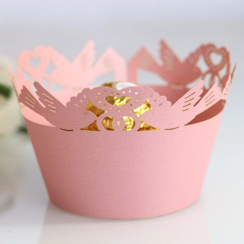 Laser Cut Bird Heart Lace Cupcake Wrappers Hollow Pearlescent Paper Decorative Liners For Wedding Birthday Party Decor