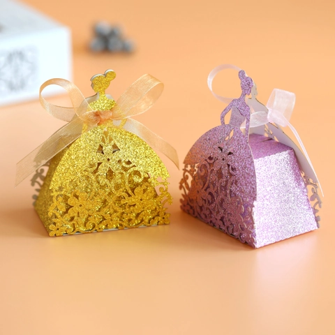 Laser Cut Princess Dress Candy Box Glitter Paper Floral Hollow Out Gift Box With Ribbon Bow For Wedding Party Favors