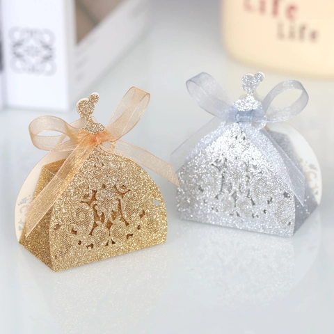 Scatole di Caramelle a Forma di Abito da Principessa Luccicanti Intagliate a Laser Con Nastri per Feste Eventi Matrimonio