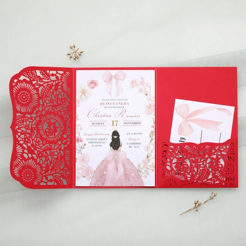 Invitations de Mariage Chinoises Traditionnelles Découpe Laser Caractère Fu Creux Papier Perlé Cartes de Voeux pour Anniversaire