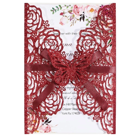 Invitations de Mariage en Papier Pailleté Découpé au Laser Avec Nœud Papillon et Motif Rose Cartes de Vœux pour Mariage