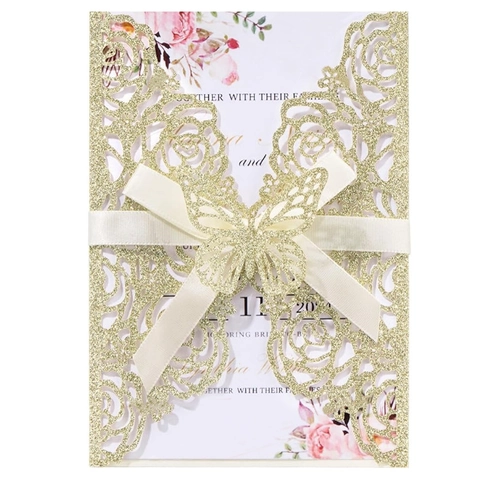 Invitations de Mariage en Papier Pailleté Découpé au Laser Avec Nœud Papillon et Motif Rose Cartes de Vœux pour Mariage