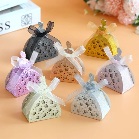 Elegant Princess Dress Shape Candy Box Laser Cut Hollow Glitter Paper Gift Box With Ribbon Bow For Wedding Birthday Party