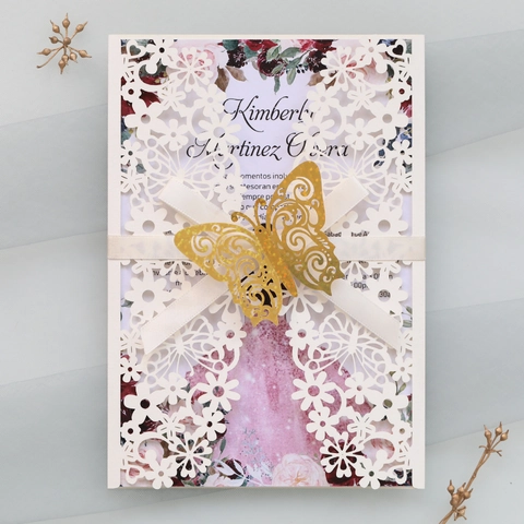 Lot de Faire-Part de Mariage Papillon Découpés au Laser en Papier Perlé Invitations Florales Creuses pour Fiançailles et Fêtes