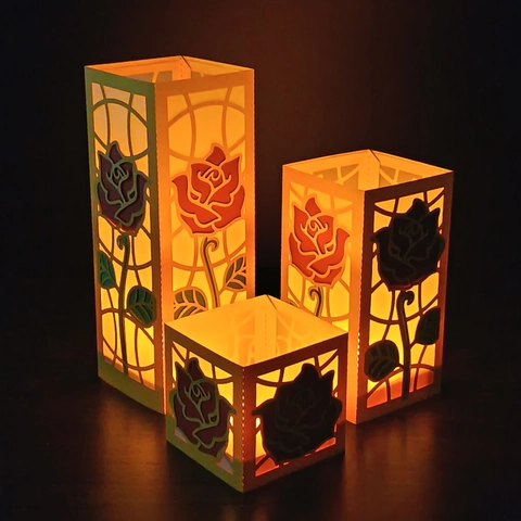 12 Stück Rose Lasergeschnittener Papierlampenschirm Set Karton Dekorativer Elektronischer Kerzenüberzug Für Hochzeit Party Home Decor Ausgehöhlte Blumenlaterne DIY Ornament