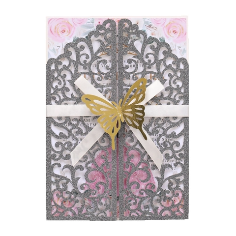 Luxus Laser Geschnitten Hochzeitseinladungen Glitzer Papier Karten Mit Schmetterling Schleife Floral Innen Für Verlobung Party