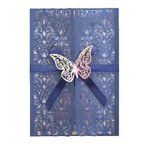 Elegant Laser Cut Butterfly Ribbon Wedding Invitation Cards With Envelope And Inner Sheet Hollow Pearl Paper Floral Party Greeting Cards