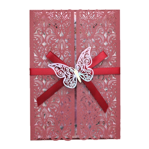 Elegant Laser Cut Butterfly Ribbon Wedding Invitation Cards With Envelope And Inner Sheet Hollow Pearl Paper Floral Party Greeting Cards