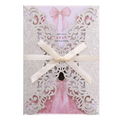 Laser Cut Quinceanera Invitation Cards Glitter Paper Hollow Floral Wedding Invitations With Envelopes And Ribbon For Birthday Party Anniversary