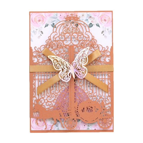 Eleganti Inviti di Matrimonio Taglio Laser Design Carrozza Carta Perlata Farfalla Cavo Fiocco Nastro Set Invito Festa