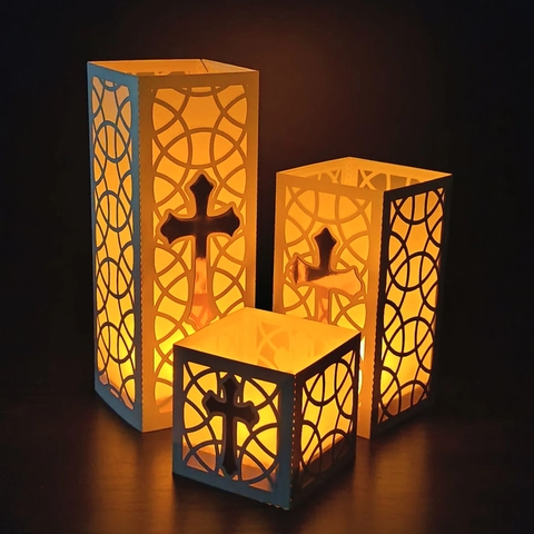 Pantalla de Papel Blanco Cortada por Láser Con Cruz Dorada Para Vela LED Decoración de Iglesia Bautismo Boda Religiosa Cubierta de Lámpara Hueca