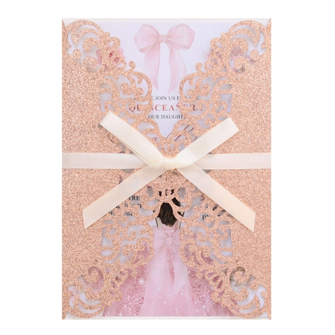 Laser Cut Quinceanera Invitation Cards Glitter Paper Hollow Floral Wedding Invitations With Envelopes And Ribbon For Birthday Party Anniversary