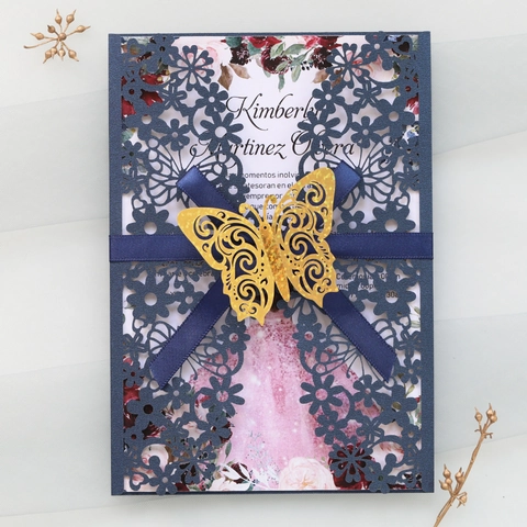 Lot de Faire-Part de Mariage Papillon Découpés au Laser en Papier Perlé Invitations Florales Creuses pour Fiançailles et Fêtes