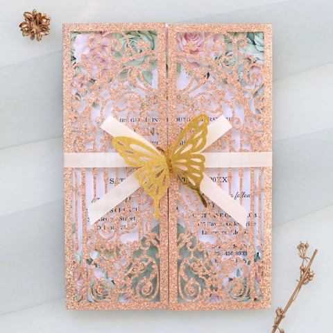 Butterfly Laser Cut Invitation Cards With Ribbon Glitter Pearl Paper Hollow Wedding Engagement Valentine Party Invitation Cards