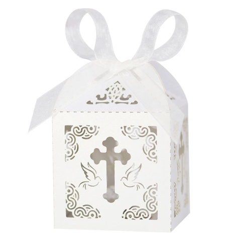 Scatole di Caramelle Svuotate con Croce e Colomba Taglio Laser con Nastri per Matrimonio Battesimo Comunione Confezione Regalo 50Pz