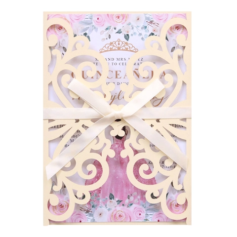 Lasergesneden Bruiloft Uitnodigingen Parelpapier Bloemenkaarten Lint Voor Quinceañera Verloving Verjaardag Feest Decoratie