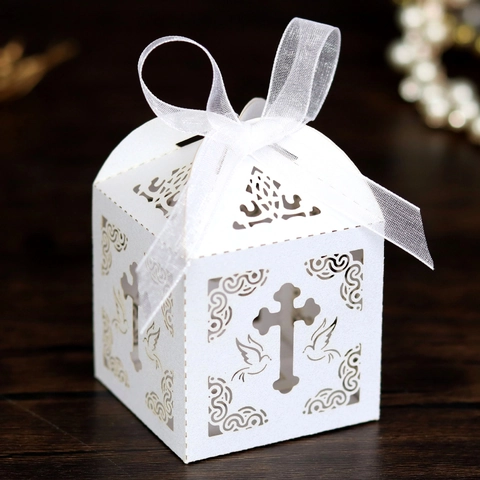 Scatole di Caramelle Svuotate con Croce e Colomba Taglio Laser con Nastri per Matrimonio Battesimo Comunione Confezione Regalo 50Pz