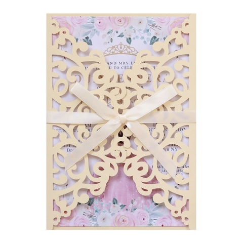 Europäische Lasergeschnittene Hochzeitsinvitationen Mit Schleife Perlmuttpapier Hohl Blumendesign Verlobung Party Einladung Set