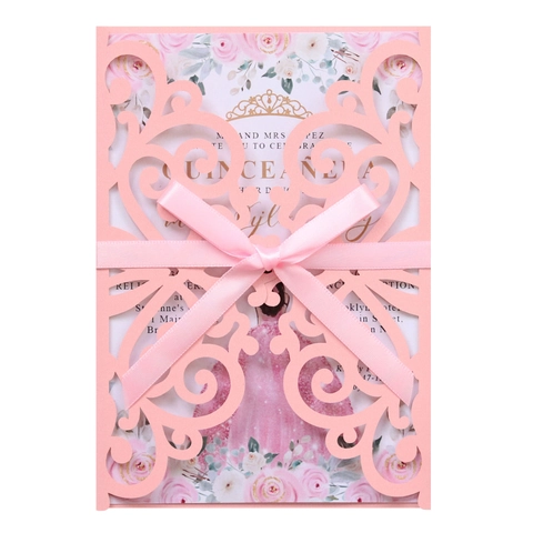 Lasergesneden Bruiloft Uitnodigingen Parelpapier Bloemenkaarten Lint Voor Quinceañera Verloving Verjaardag Feest Decoratie