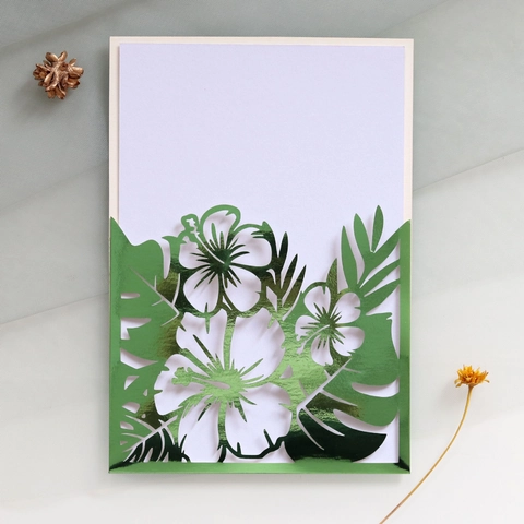 Laser Cut Tropical Hibiscus Monstera Leaf Wedding Invitation Cards Pearl Paper Hollow Out Greeting Card Set For Birthday Party Celebration