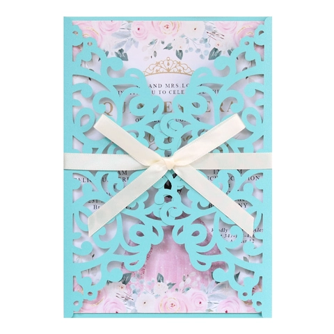 Europäische Lasergeschnittene Hochzeitsinvitationen Mit Schleife Perlmuttpapier Hohl Blumendesign Verlobung Party Einladung Set