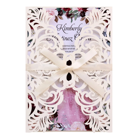 Laser Cut Wedding Invitation Cards With Satin Ribbon Floral Hollow Lace Invitations For Engagement Marriage Party Ceremony